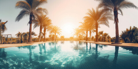 Fototapeta na wymiar Beautiful view of tropical palm trees swimming pool sun