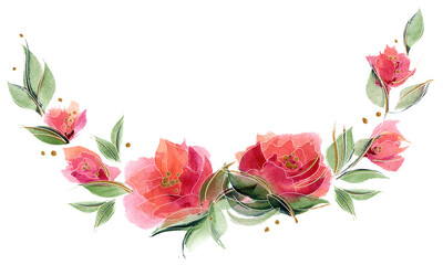 Pink floral ditsy rose garland. Spring mood with chaplet composition of watercolor delicate pink flowers