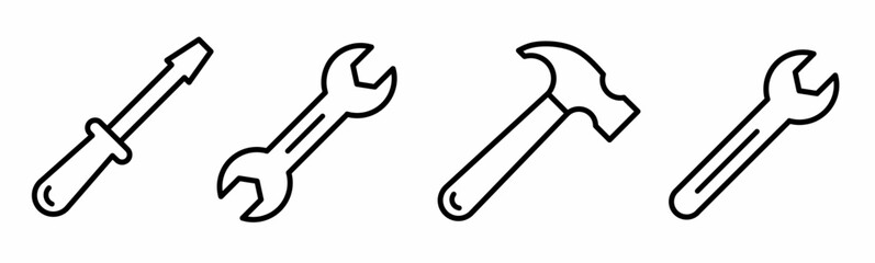Equipment icon illustration. Screwdriver, hammer, wrench icon set for business. Stock vector.