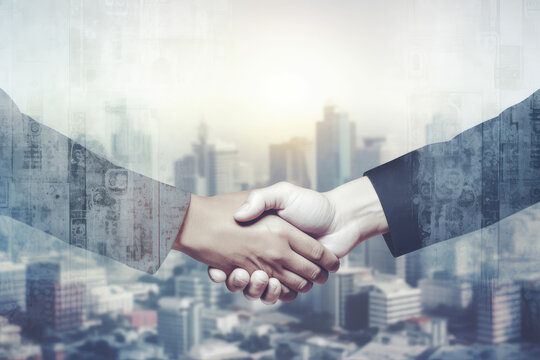 Double exposure business people shaking hands over a cityscape background half transparent wallpaper