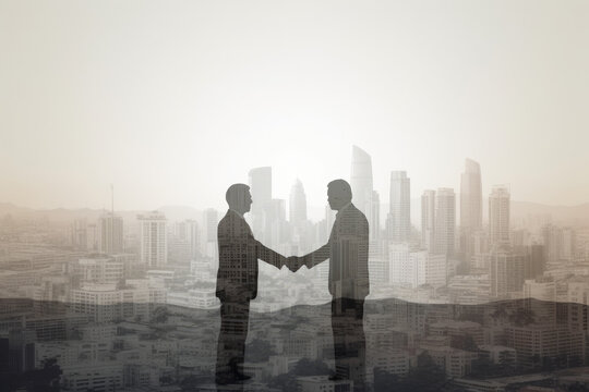 Double exposure business people shaking hands over a cityscape background half transparent wallpaper