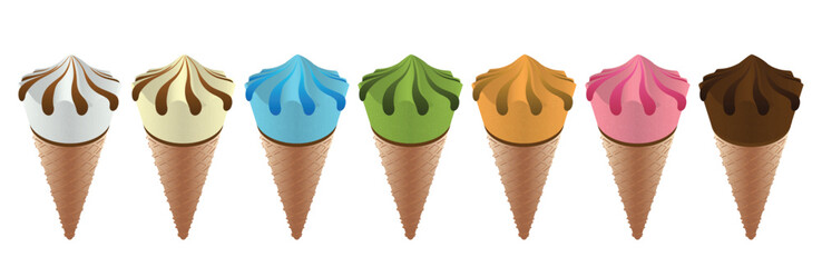 Collection of vector ice cream illustrations isolated on white background. Ice cream in waffle cone.