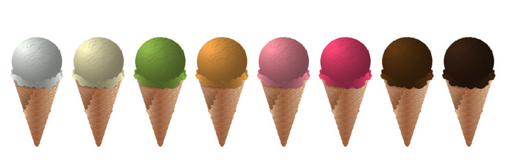 Collection of vector ice cream illustrations isolated on white background. Ice cream in waffle cone.