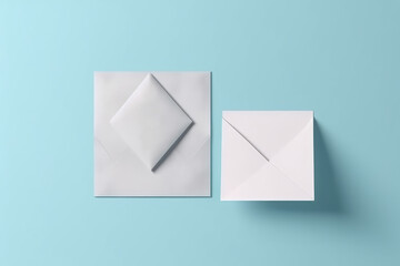 Paper template. A square paper mockup in realistic shades with an envelope on a light blue background