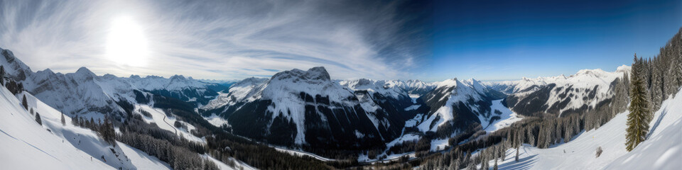 Scenic winter mountain landscape in Alps with aerial panoramic view