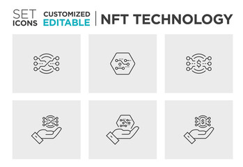 Set of NFT technology, Non-fungible token, Blockchain, unique, crypto, digital Token Vector Icon Design- Editable Stroke
