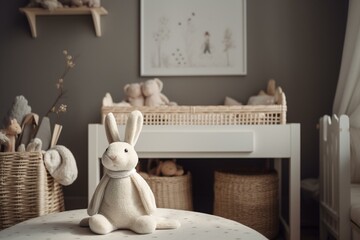 A table in a baby room with a bunny plush toy. Generative AI