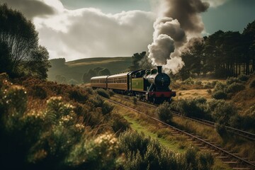 Fototapeta na wymiar Vintage steam train on the North Yorkshire Moors Railway. Generative AI