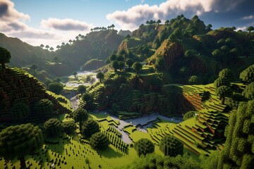 Landscape of a flat terrain in Minecraft. Generative AI