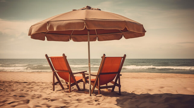 Beach umbrella with chairs on the sand. summer vacation concept. Generative ai