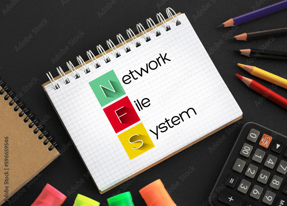 Poster nfs network file system - mechanism for storing files on a network, acronym text concept on notepad