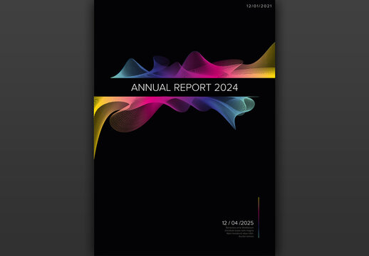 Black annual report front cover page template with rainbow curved elements with title