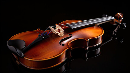Fototapeta premium Violin with bow isolated on black background with clipping path, generative ai
