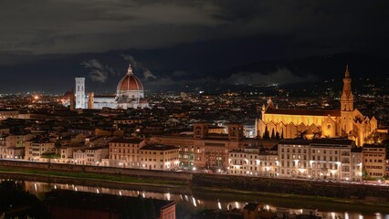Long exposure panorama of Florence illuminated, at dusk