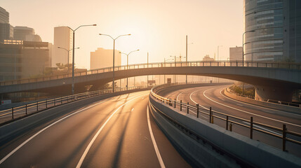 Fototapeta premium Curved ramp of a highway over streets at sunrise with illumination and passing road traffic, generative ai