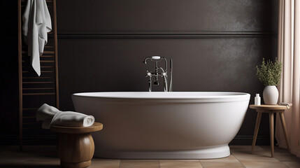 Modern ceramic bathtub with towel near brown wall in room, generative ai