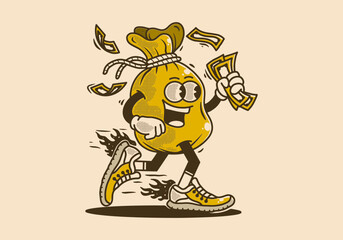 Mascot character design of money bag holding money