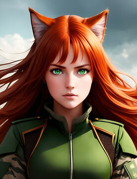 Soldier catgirl with piercing green eyes in a military uniform, Generative AI