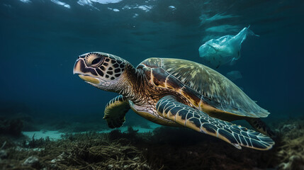 Obraz premium Plastic Pollution In Ocean - Turtle swim side Plastic Bag - Environmental Problem, generative ai