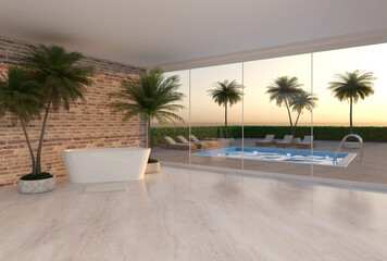 modern luxury bathroom with shower,  swimming pool and palm - 3D Illustration