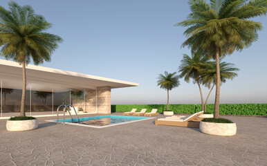 modern luxury bathroom with shower,  swimming pool and palm - 3D Illustration