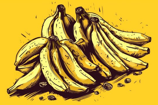 bunch of ripe bananas on a bright yellow background. Generative AI