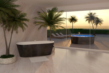 modern luxury bathroom with shower,  swimming pool and palm - 3D Illustration