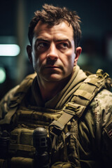 Fototapeta premium A determined 35-year-old soldier, fully geared up in a training facility, displays strength and readiness for the challenges ahead. Generative AI