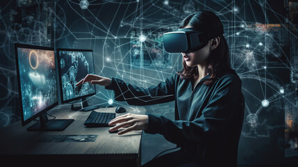In the center of the collage could be a woman wearing a VR headset and holding a controller, immersed in a virtual environment that she is creating. Generative ai