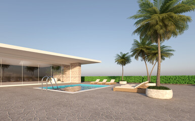 modern luxury bathroom with shower,  swimming pool and palm - 3D Illustration