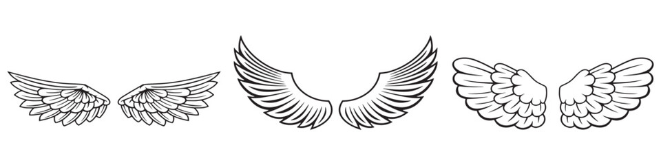 Black wings icon set. Wings icons. Collection badges of wings. Vector illustration. Vector Graphic. EPS 10