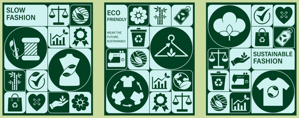 Promote ethical manufacturing and slow fashion with sustainable fashion and textile poster template. Use stunning graphic icons, symbol to encourage eco-friendly practices and responsible consumption.