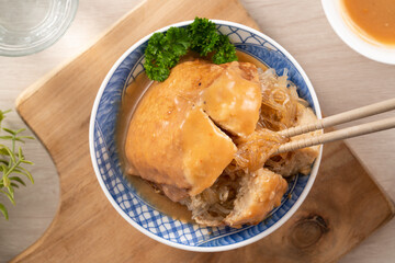 Tamsui agei, delicious famous street food in Taiwan stuffed with mung bean noodles.