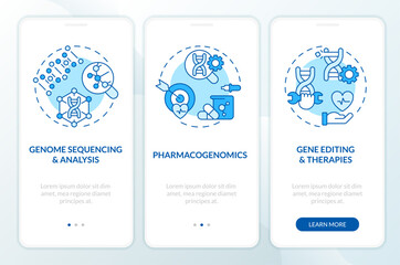 Obraz na płótnie Canvas Genomic medicine blue onboarding mobile app screen. Genes study walkthrough 3 steps editable graphic instructions with linear concepts. UI, UX, GUI template. Myriad Pro-Bold, Regular fonts used