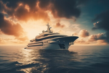 Fototapeta na wymiar An aerial view of a large yacht at sunset, superyacht on water near coat line, A luxury yacht is floating through the water, generative ai