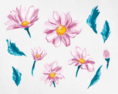 Hand-drawn set of blue and pink daisies