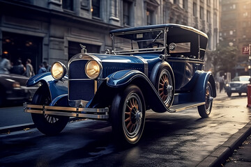 Concept art vintage luxury blue car drive on old  street, generative ai