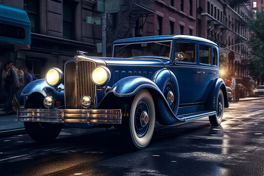 Concept art vintage luxury blue car drive on old  street, generative ai