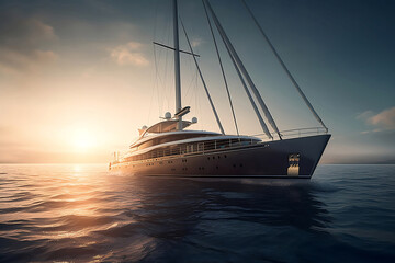 Fototapeta premium Sailing superyacht on water at sunrise, A luxury yacht is floating through the water generative ai