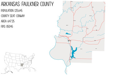 Large and detailed map of Faulkner County in Arkansas, USA.