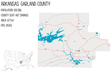 Large and detailed map of Garland County in Arkansas, USA.