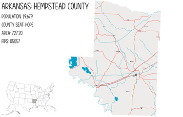 Large and detailed map of Hempstead County in Arkansas, USA.