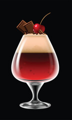 A transparent glass with a cocktail, decorated with a cherry and chocolate. Highly realistic illustration.