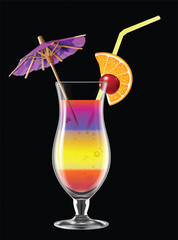 A transparent glass with a multi-colored refreshing cocktail, decorated with a cocktail umbrella and a slice of lemon, on a black background. Highly realistic illustration.