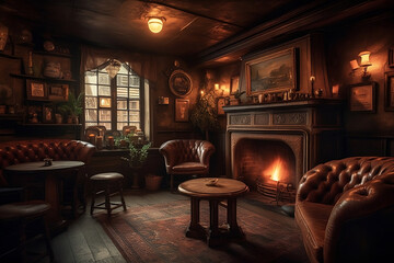 A cozy pub near a fireplace with brown leather seating, irish pub, retro classic wooden bub, vintage European bar, A tavern, generative ai