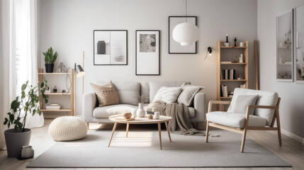 Modern scandinavian style living room, with a minimalist theme and neutral color palette. Generative AI