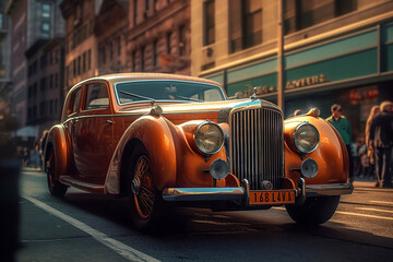 Concept art vintage luxury orange car drive on old  street, generative ai
