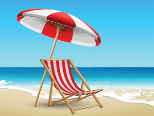 Summer landscape. Red and white striped deck chair and beach umbrella on the seashore. Highly realistic illustration.