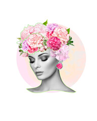 Abstract art collage of a young beautiful woman with flowers on her head. Conceptual fashion art design in a modern style