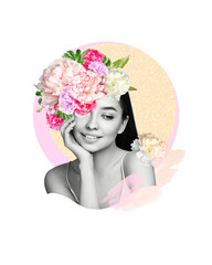 Abstract art collage of a young beautiful woman with flowers on her head. Conceptual fashion art design in a modern style